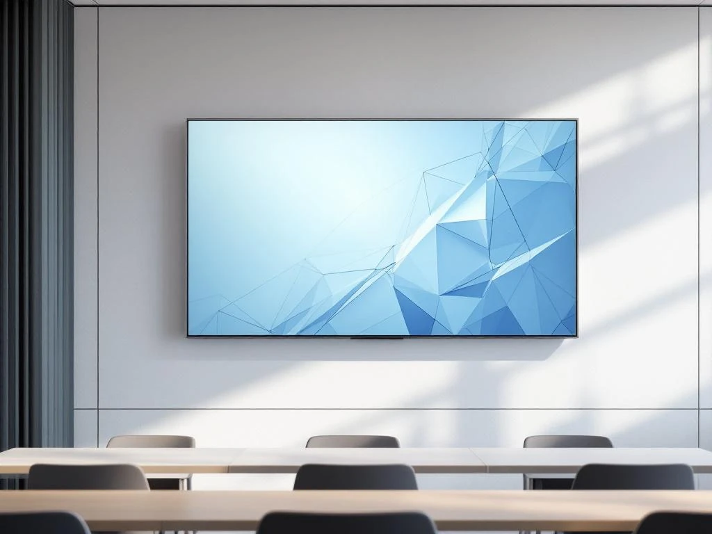 Grote 90-inch interactieve touchscreen display gemonteerd op witte muur in moderne klaslokaal met strak design