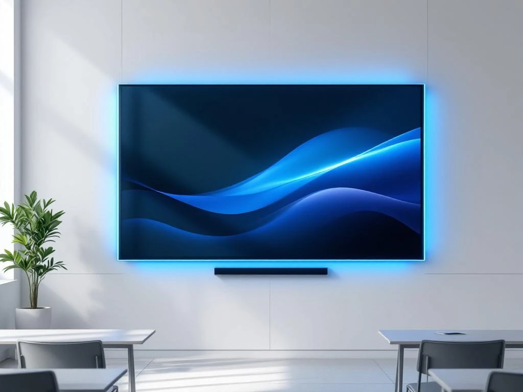 90-inch interactief touchscreen display gemonteerd op witte muur in moderne klaslokaal met blauwe accentverlichting