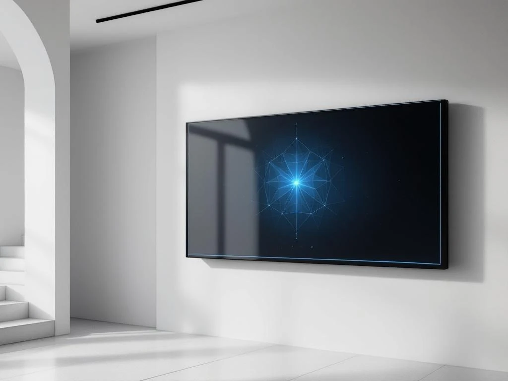 90-inch interactief touchscreen display op wandmontage in moderne minimalistische ruimte met blauwe accentverlichting