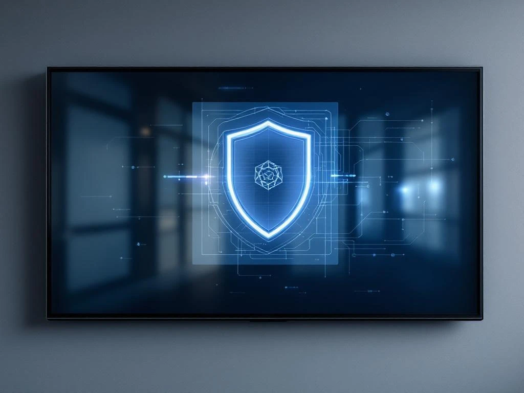 Grote interactieve touchscreen in klaslokaal met digitaal beveiligingsschild dat cybersecurity waarschuwingen toont