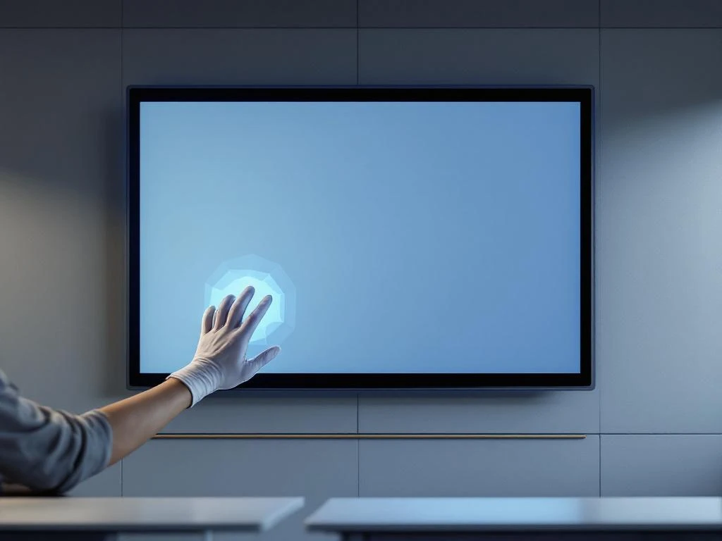 90-inch interactief touchscreen display in moderne klas met hand die aanraakfunctie demonstreert