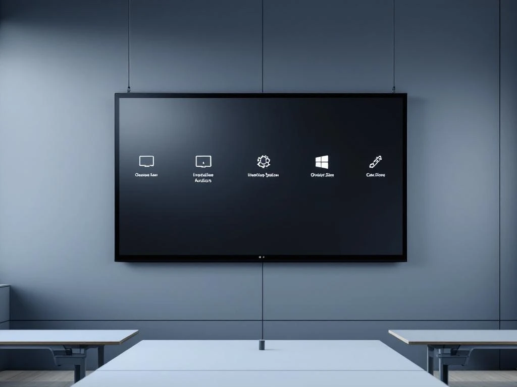 Grote 90-inch interactieve touchscreen in moderne klaslokaal met minimalistisch interface en verschillende besturingssystemen