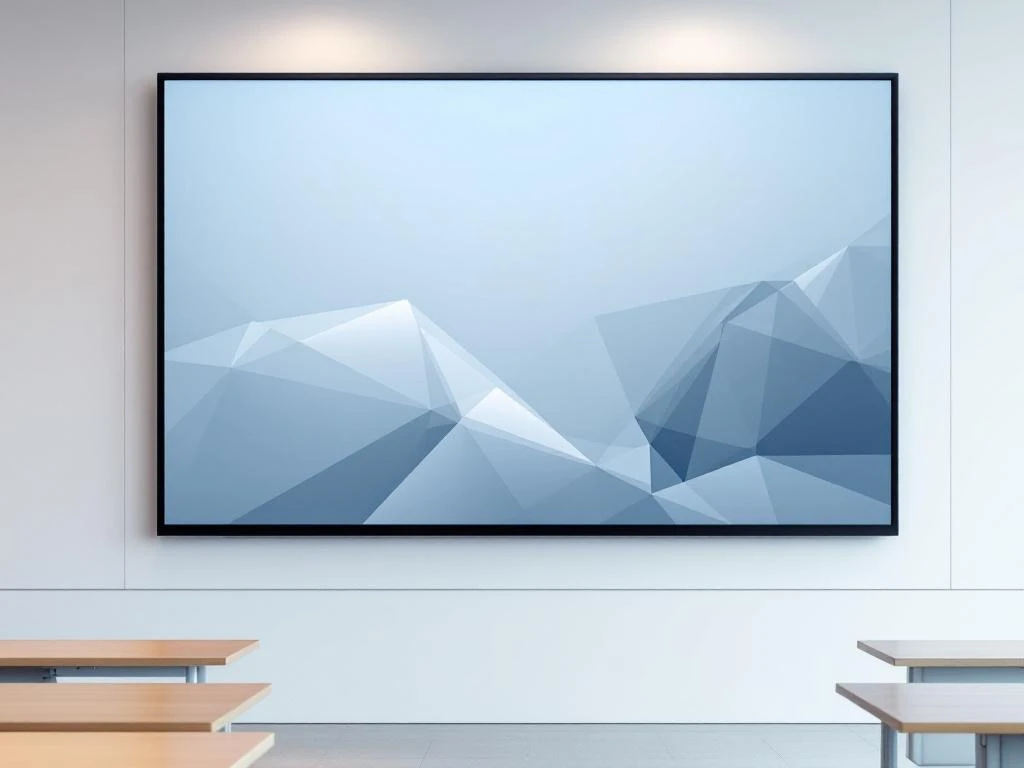 Groot 90-inch interactief touchscreen beeldscherm op witte muur in moderne klaslokaal met minimalistische interface