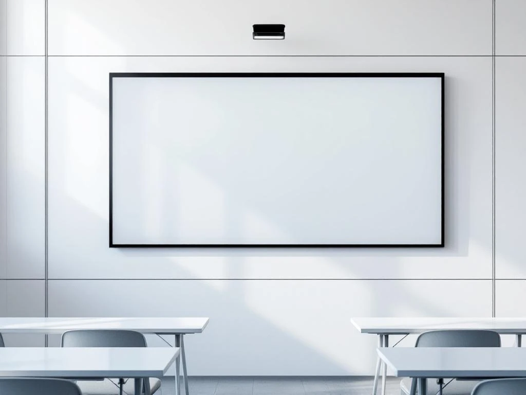 90-inch interactief touchscreen display gemonteerd op witte muur in moderne klaslokaal met strakke zwarte bezel