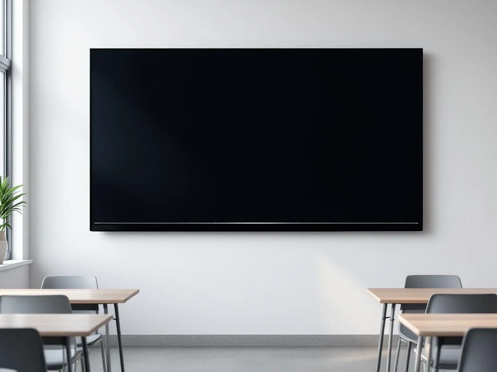 Grote 90-inch interactieve touchscreen display gemonteerd op witte muur in moderne klaslokaal omgeving