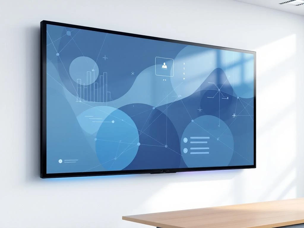 90-inch interactief touchscreen display op witte muur in moderne klaslokaal met blauwe interface-elementen