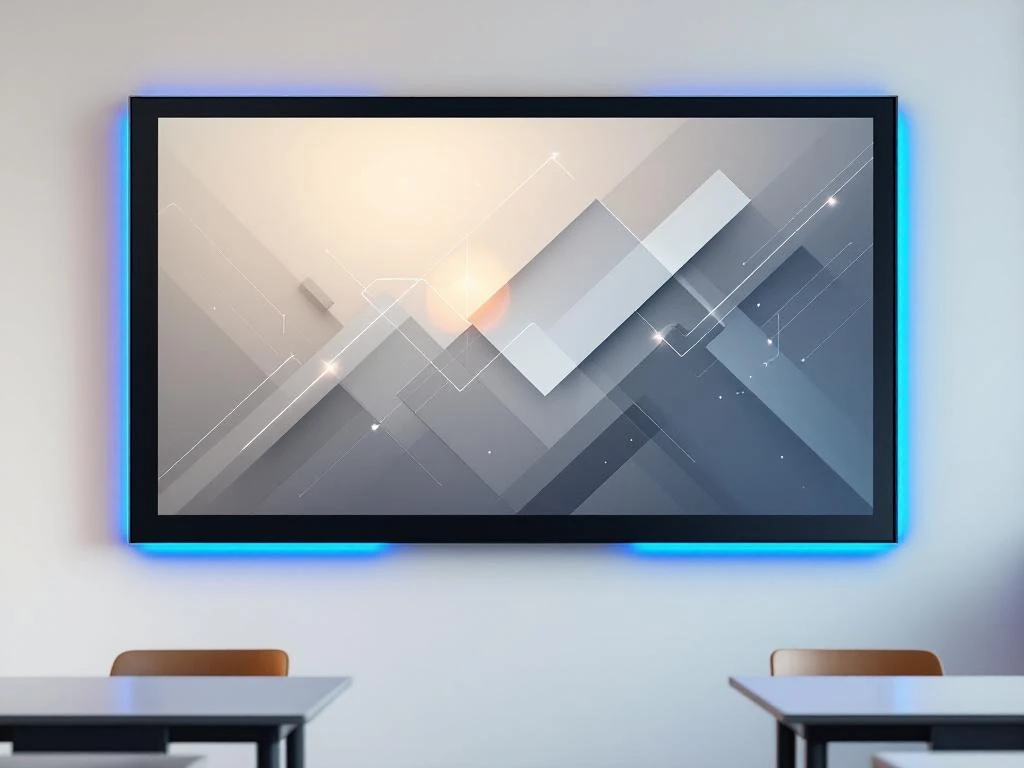 90-inch interactief touchscreen display met blauwe accentverlichting gemonteerd op witte muur in moderne klaslokaal