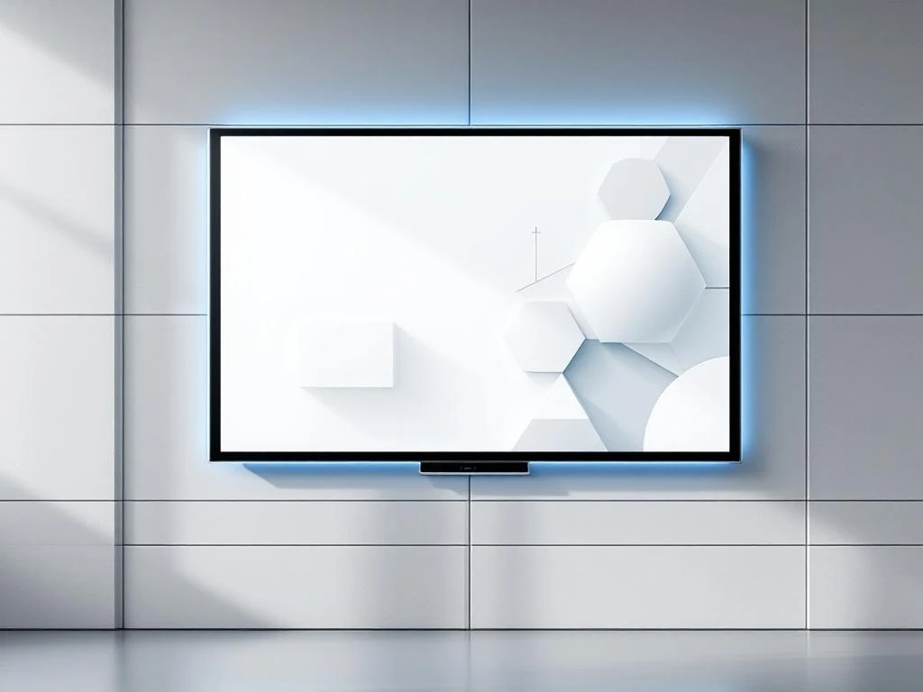 Grote 90-inch interactieve touchscreen display gemonteerd op witte muur in moderne klaslokaal met blauwe accentverlichting