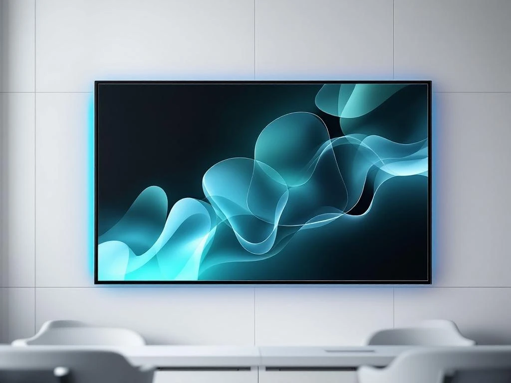 Groot 90-inch interactief touchscreen display aan witte muur in moderne minimalistische klaslokaal met blauwe verlichting