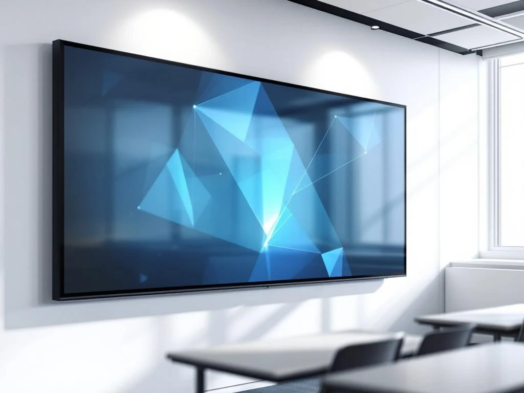 90-inch interactief touchscreen display gemonteerd aan witte muur in moderne klaslokaal met professionele verlichting