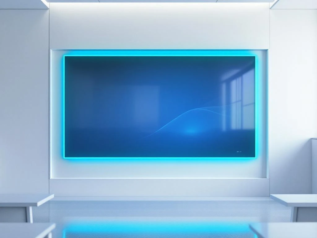 Grote 90-inch interactief touchscreen met groene energie-indicatoren gemonteerd op witte muur in moderne klaslokaal