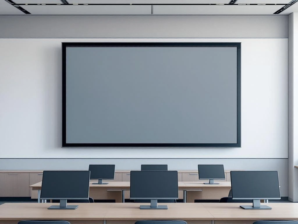 Groot 90-inch interactief touchscreen aan muur in moderne klaslokaal met kleinere monitoren op bureau eronder