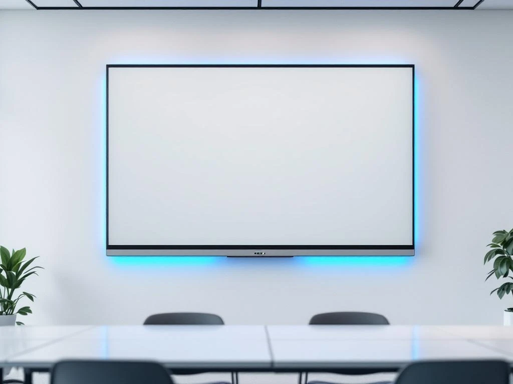 Grote 90-inch interactief touchscreen aan witte muur in moderne klaslokaal met blauwe accentverlichting