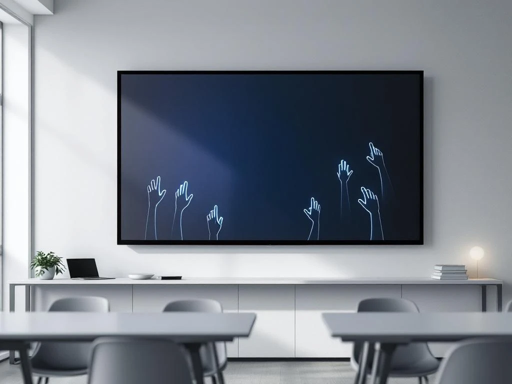 Grote interactieve touchscreen display aan witte muur met meerdere handen die het scherm aanraken in moderne klas