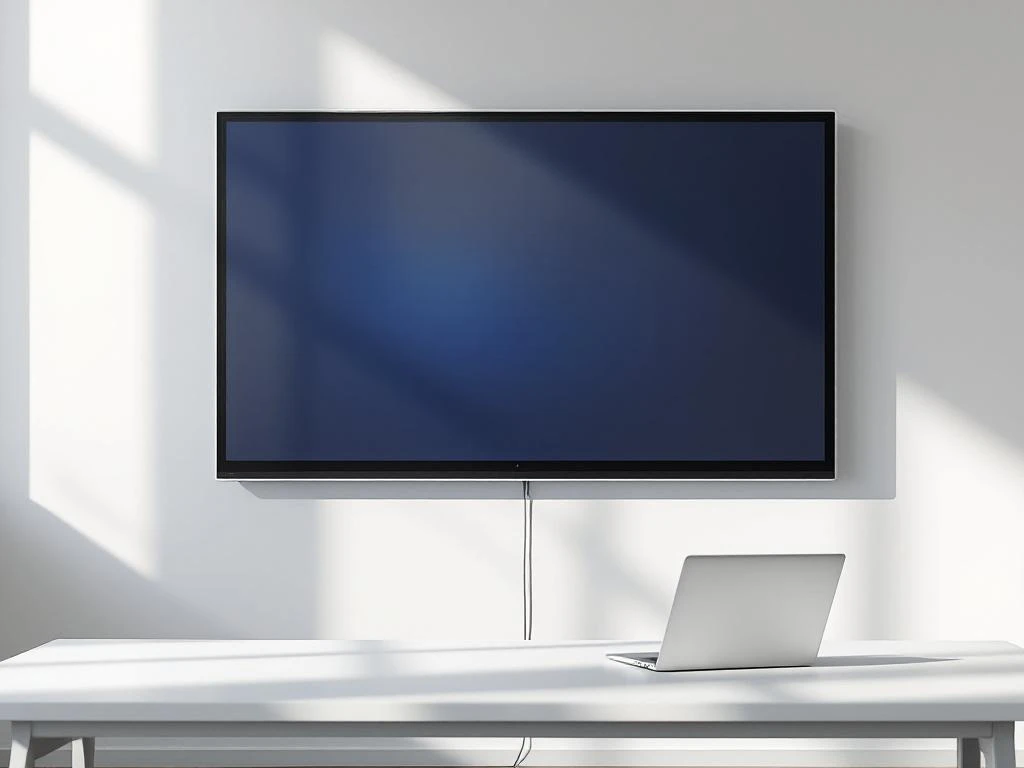 90-inch interactief touchscreen display gemonteerd op witte muur in moderne klaslokaal met laptop verbonden via kabel