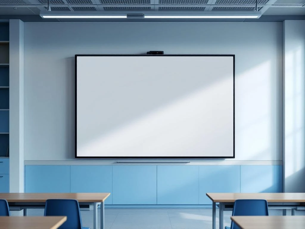 Grote 90-inch interactieve touchscreen display gemonteerd aan muur in moderne klaslokaal met gaming-interface elementen