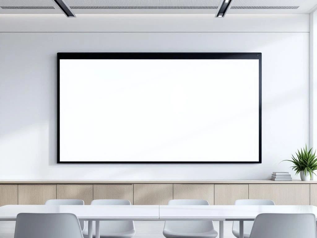 90-inch interactief touchscreen display gemonteerd op witte muur in moderne klaslokaal met minimalistisch design