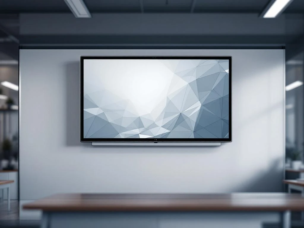 90-inch interactief touchscreen op wandmontage in moderne klaslokaal met minimalistisch interface en blauwe accenten
