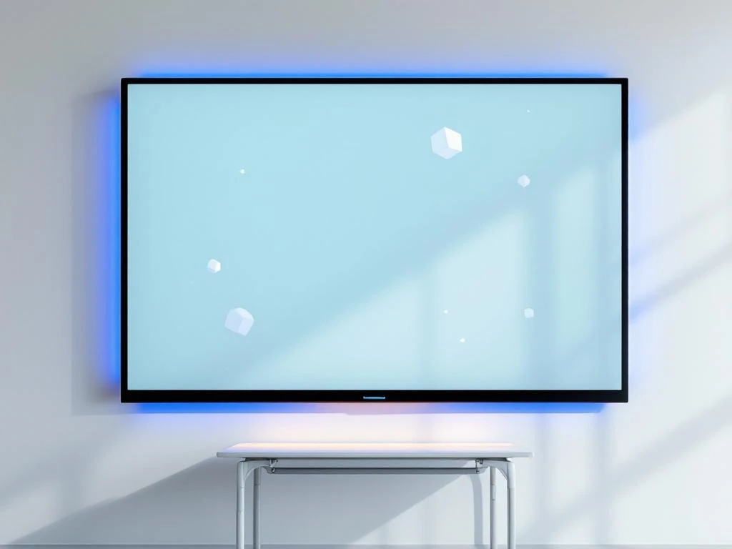 90-inch interactief touchscreen op witte muur in moderne klas met geometrische interface-elementen en blauwe accenten