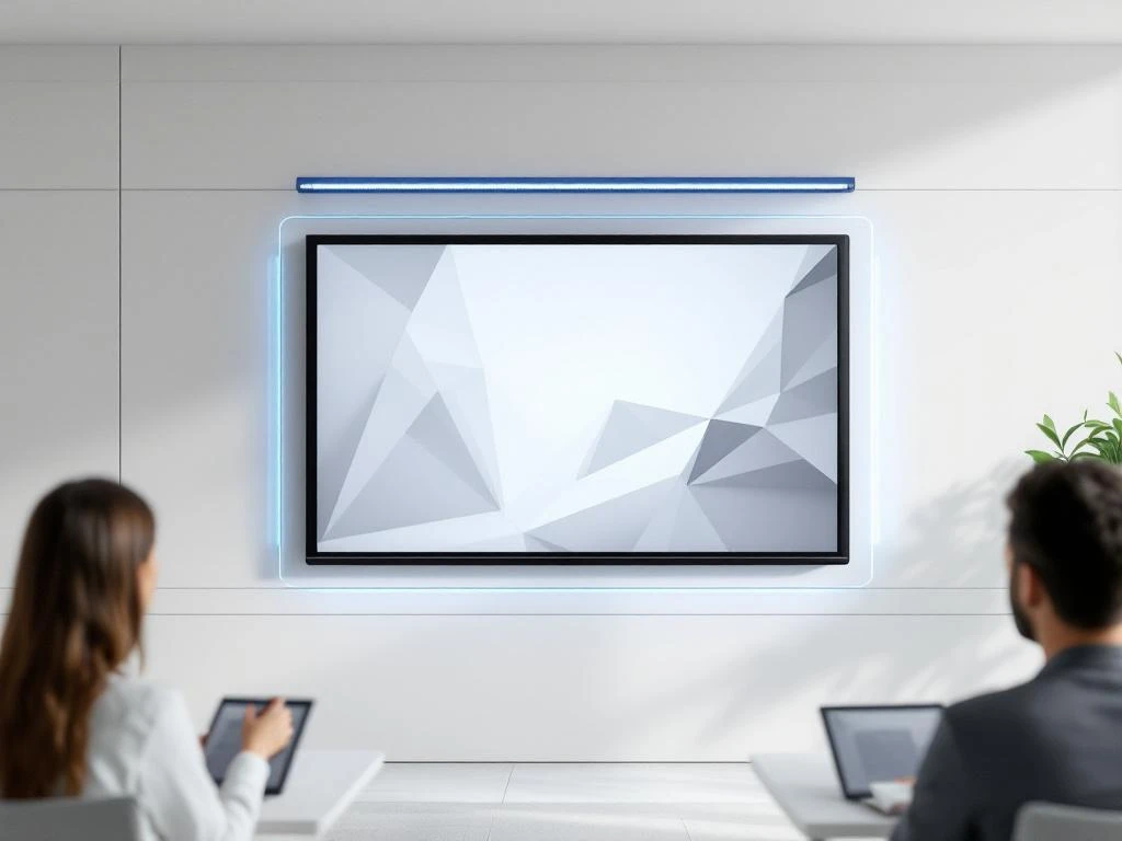90-inch interactief touchscreen display met zwart frame en blauwe verlichting gemonteerd in moderne klaslokaal