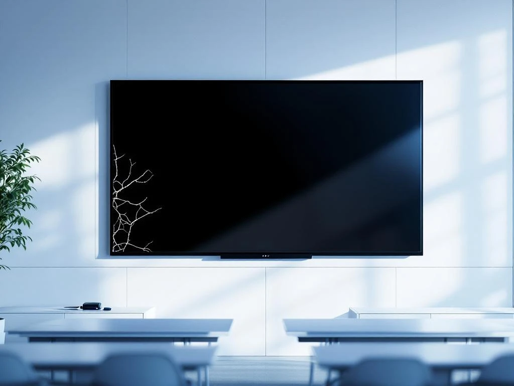 90-inch interactief touchscreen met lichte schade en reparatiegereedschap in moderne klaslokaal