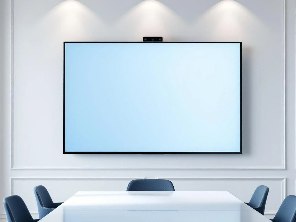 Grote interactieve touchscreen aan witte muur in moderne vergaderruimte met videobel-interface en strakke inrichting