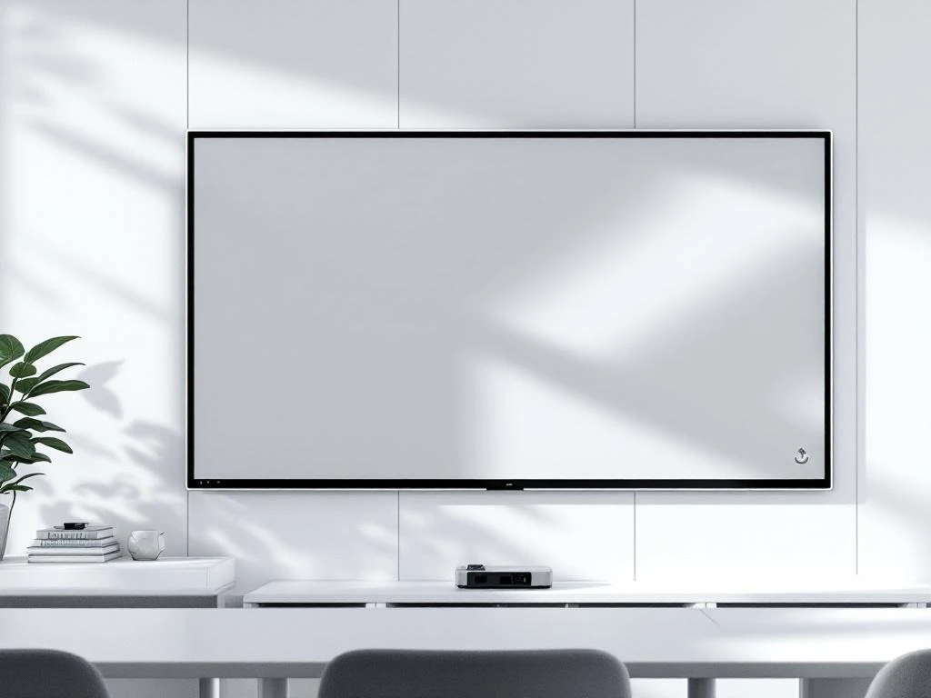 90-inch interactief touchscreen display gemonteerd op witte muur in moderne klaslokaal met minimalistische inrichting