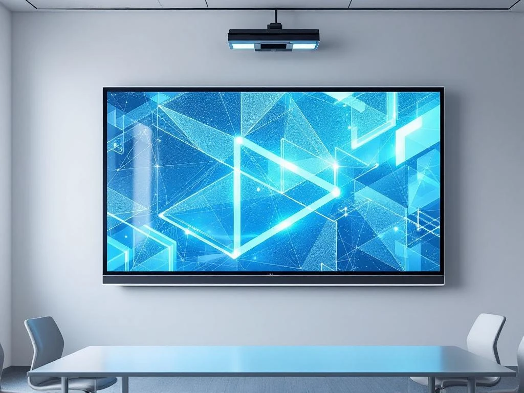 90-inch interactief touchscreen display met geometrische patronen gemonteerd in moderne klaslokaal setting