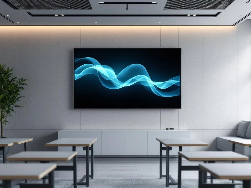 90-inch interactief touchscreen display gemonteerd op muur in moderne klaslokaal met minimalistische vormgeving