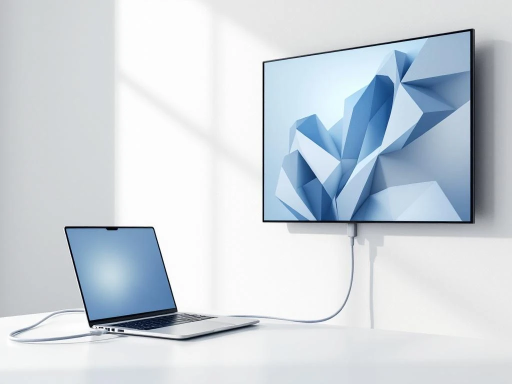 Laptop verbonden met presentatiescherm via witte kabel, blauwe interface zichtbaar op beide schermen