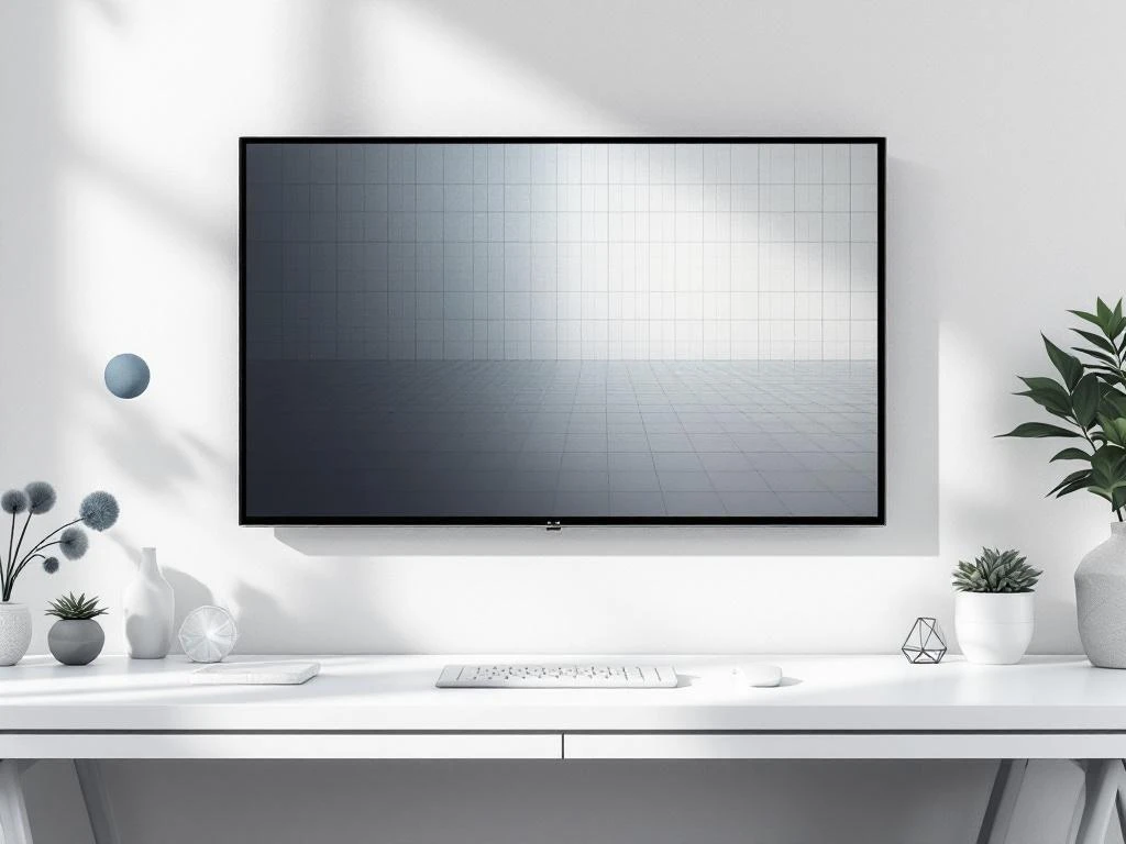 Moderne presentatiescherm met rasterpatroon op minimalistische witte bureau tegen lichtgrijze achtergrond