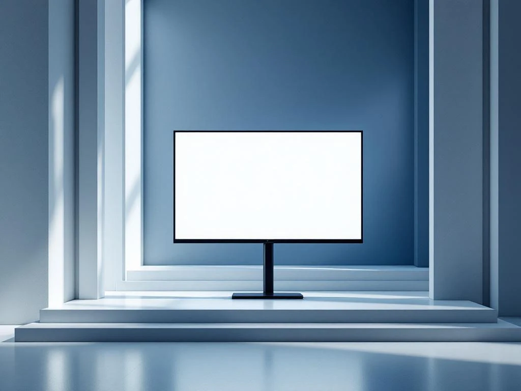 Moderne presentatiescherm met optimale kijkhoek in minimalistische ruimte met geometrische patronen en blauwe accenten