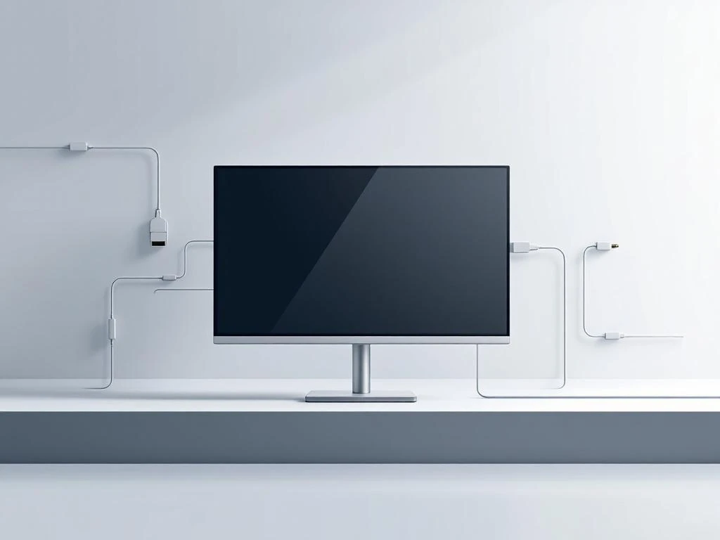 Moderne presentatiemonitor omringd door minimalistische HDMI, USB-C, VGA en audio aansluitingen in blauw-grijze tinten