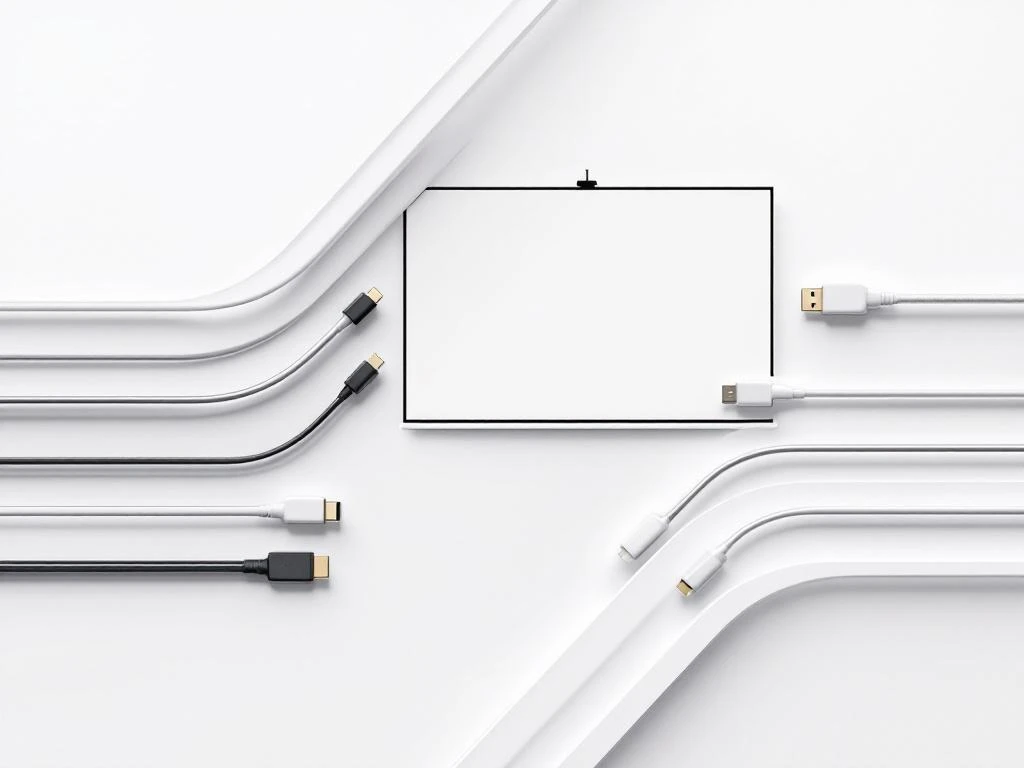 Presentatiekabels HDMI, USB-C, VGA en DisplayPort geometrisch gerangschikt op witte achtergrond met schermsilhouet