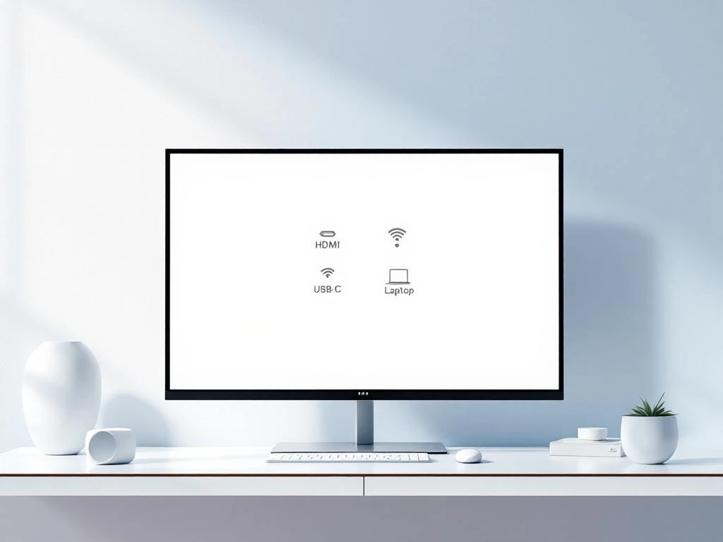 Minimalistisch presentatiescherm met HDMI, USB-C en draadloze connectiviteitsiconen op moderne witte bureau