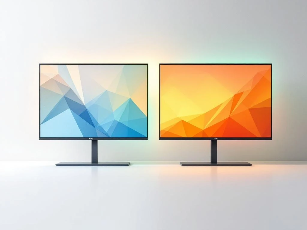 Twee premium presentatieschermen zij aan zij met geometrische lichtreflecties en groene randverlichting op witte achtergrond