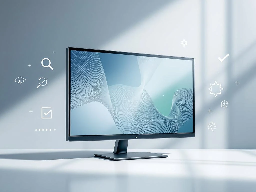 Gereviseerde presentatiescherm met geometrische patronen en kwaliteitscontrole-elementen op witte ondergrond