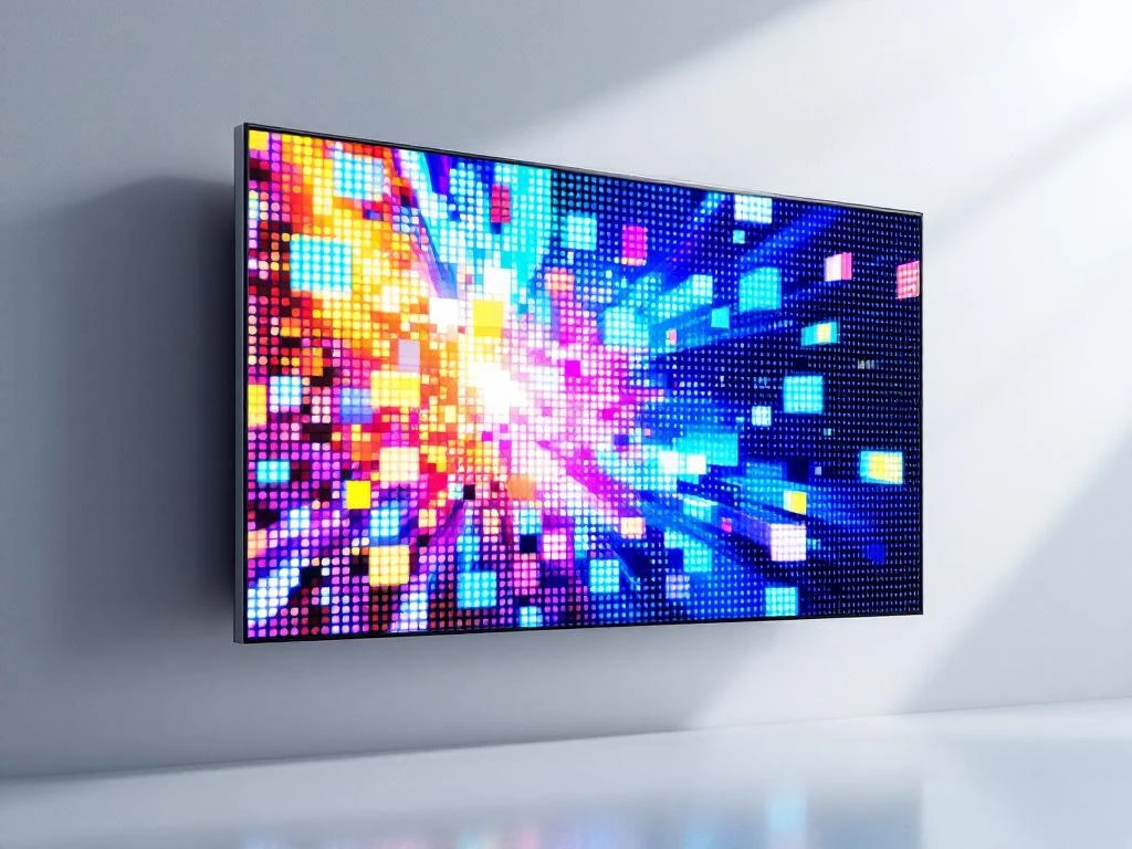 Presentatiescherm toont pixelresolutie-rasterpatronen van lage naar hoge kwaliteit op witte achtergrond