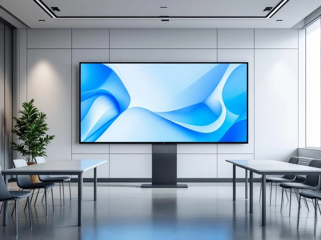 Groot 90-inch interactief touchscreen in moderne minimalistische klaslokaal met blauw-witte interface en strak meubilair