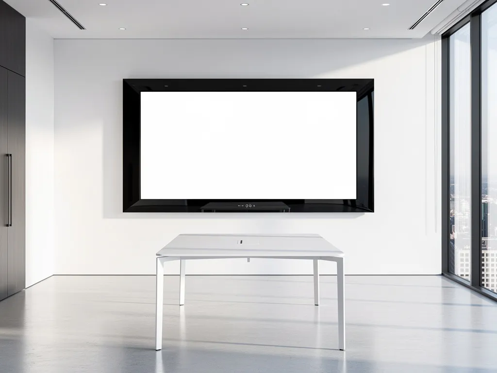 90-inch interactief touchscreen aan witte muur in moderne vergaderruimte met minimalistische witte tafel