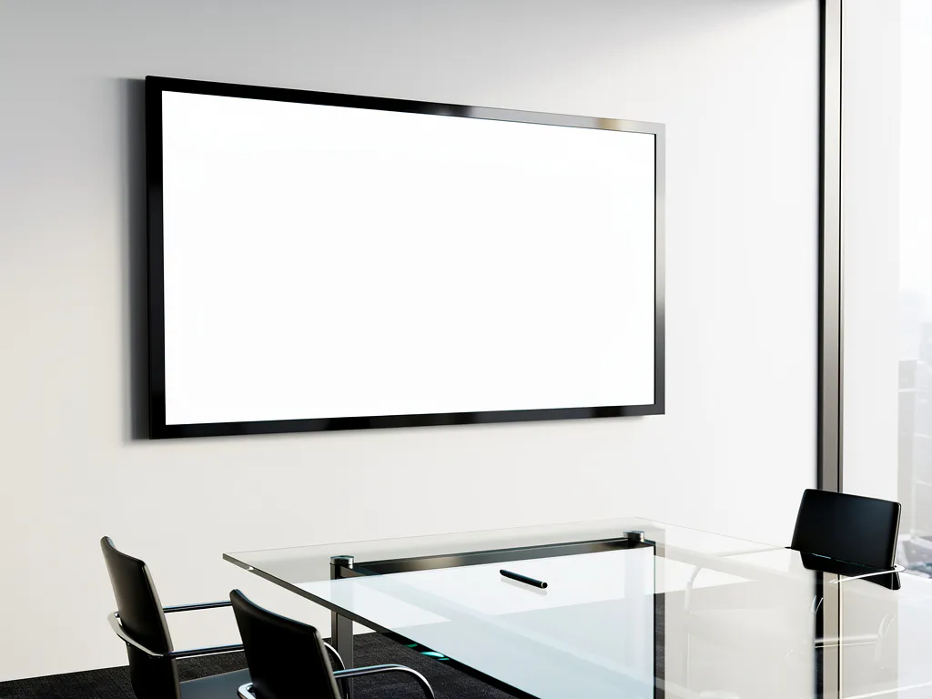 Massief 90-inch interactief touchscreen gemonteerd aan witte vergaderzaalwand met glazen tafel en stylus eronder
