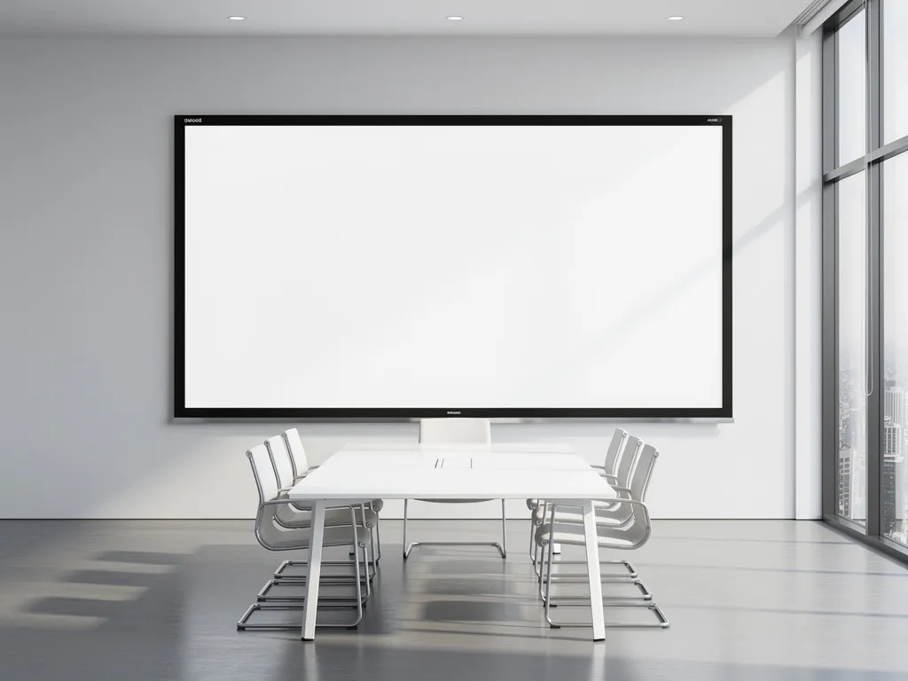 90-inch interactief touchscreen aan witte muur in moderne vergaderruimte met minimalistische witte tafel