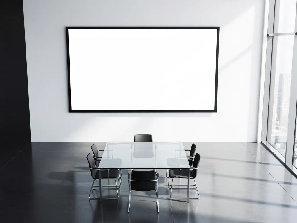 90-inch interactief touchscreen aan witte muur in moderne vergaderruimte met glazen tafel en natuurlijk licht