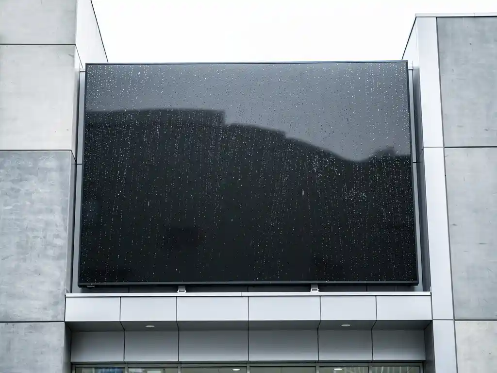 Groot professioneel beeldscherm op een moderne gevel in de stad, met regendruppels op de behuizing en een bewolkte lucht weerspiegeld in het scherm.