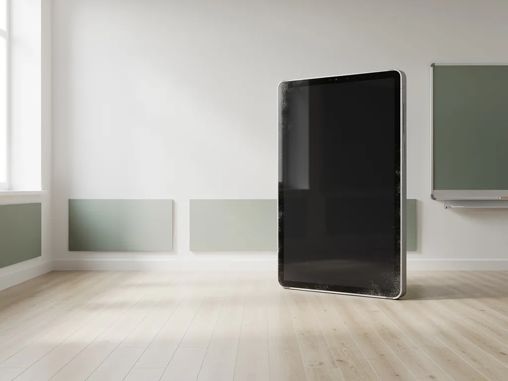 Opgeknapt interactief digibord in een minimalistisch klaslokaal met eiken vloer, zachte daglichtinval en witte muren.
