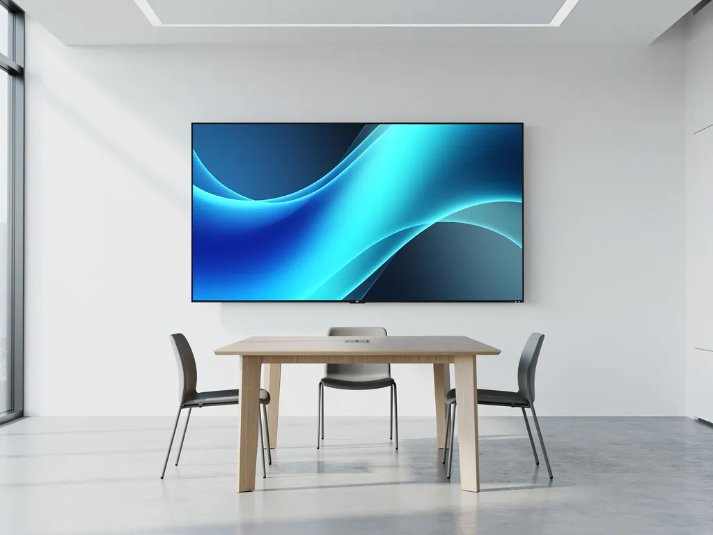 90-inch interactief display op witte muur in minimalistische vergaderruimte met natuurlijk zijlicht en elektrisch blauwe accenten.