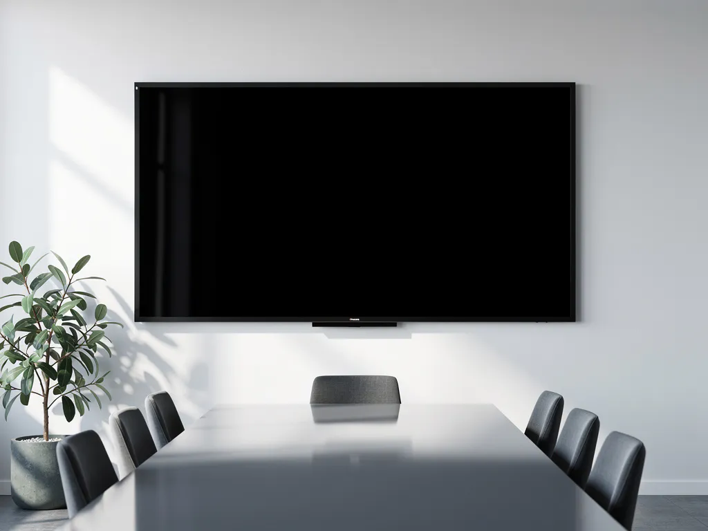 Groot interactief touchscreen van 90 inch aan witte muur in minimalistische vergaderruimte met saliegroen plant en glazen tafel.