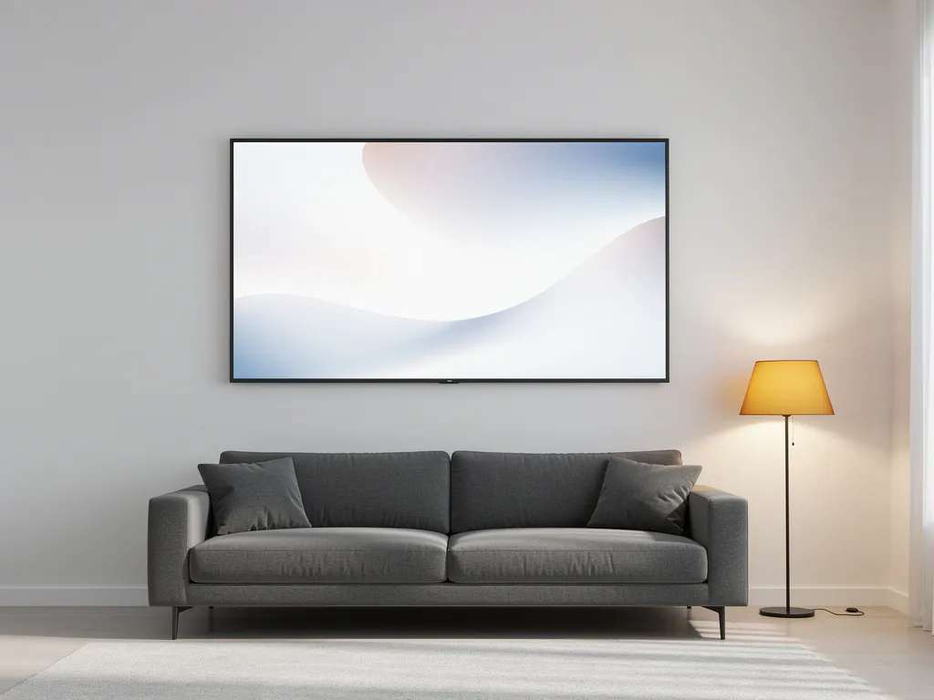 90-inch interactief touchscreen aan witte woonkamermuur, met gezellige bank en leeslamp eronder in warm amberkleurig licht.