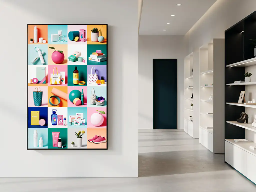 90-inch display op witte muur met kleurrijk retailcontent-raster, minimalistisch winkelcorridor op de achtergrond, zachte verlichting.