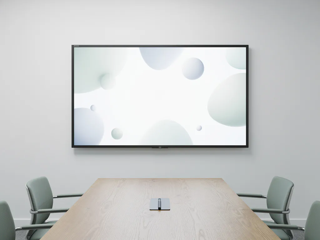 90-inch touchscreen display aan witte vergaderzaalwand, draadloze stylus op eiken tafel, minimalistisch interieur.
